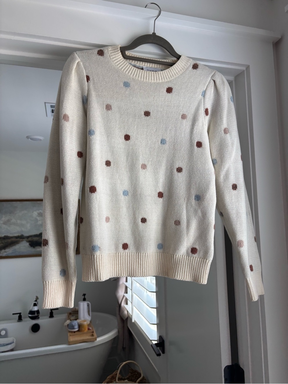 Storia Cream Polka Dot Crewneck Sweater with Blue and Brown Dots